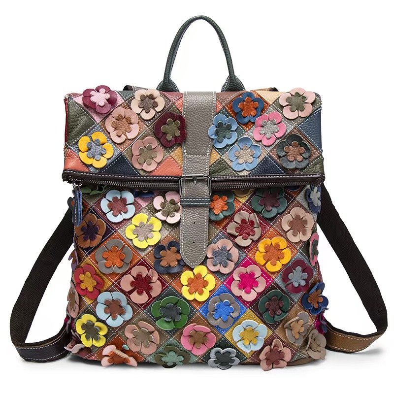 Leather Backpack Vintage - Vintage Women Genuine Leather Backpack Flower