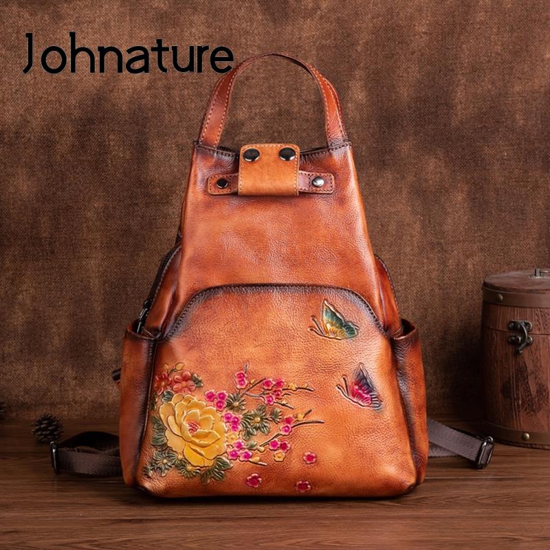 Leather Backpack Vintage - Johnature Genuine Leather Embossed Shoulder Bag